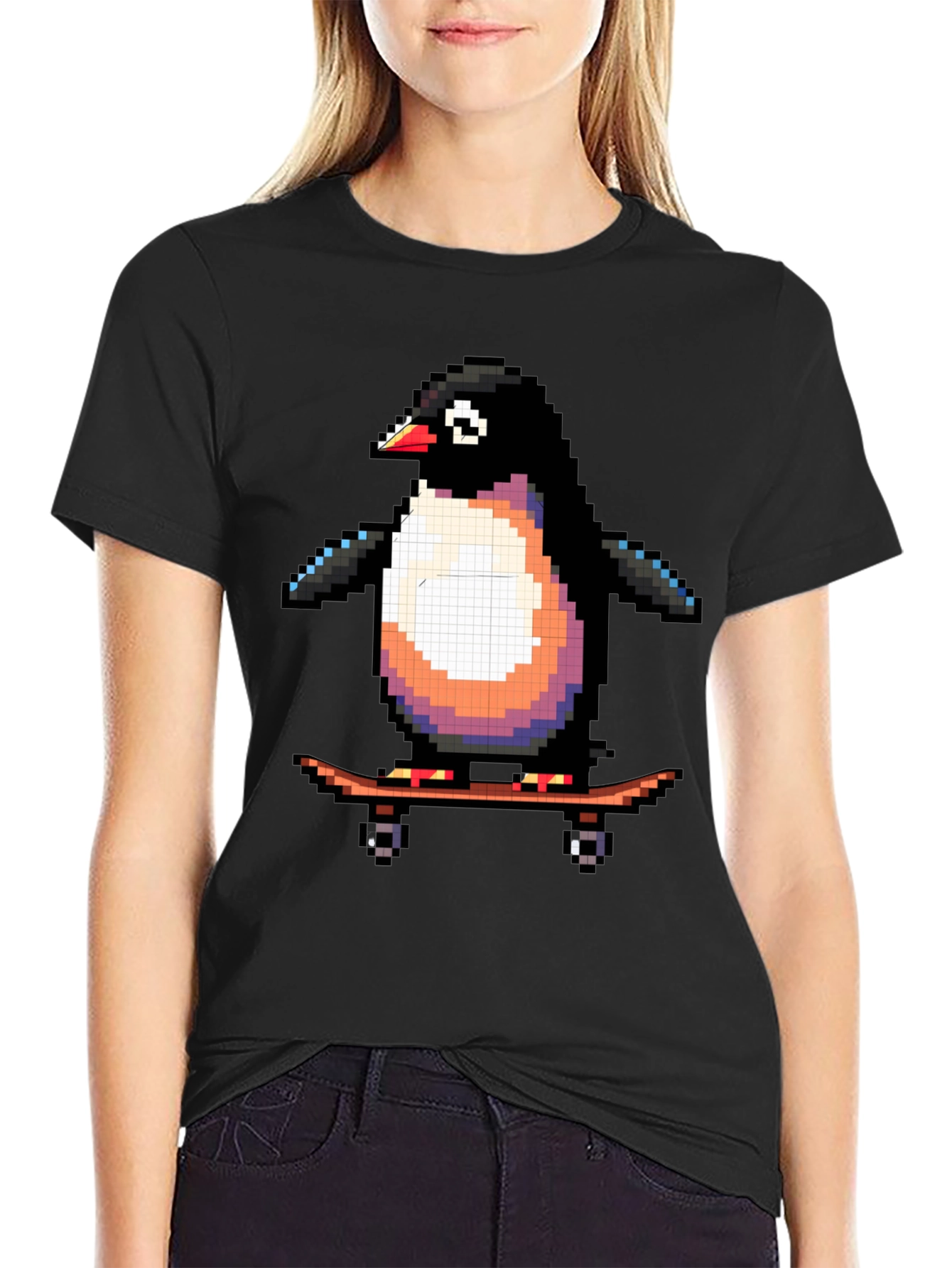 Pixel Penguin Skateboard T-Shirt - Cool Black Tee