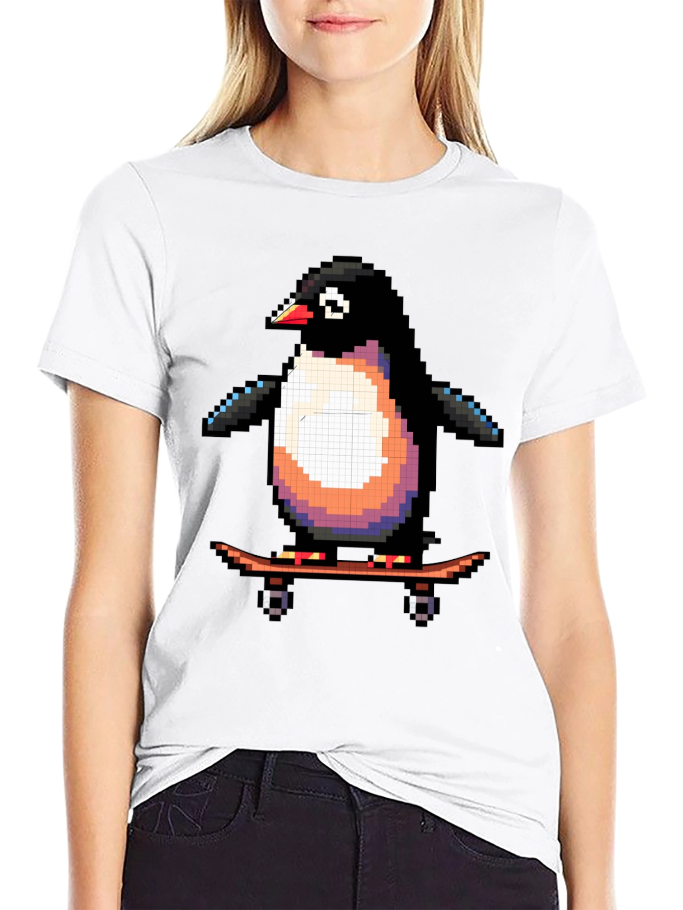 Pixel Penguin Skateboard T-Shirt - Cool Black Tee