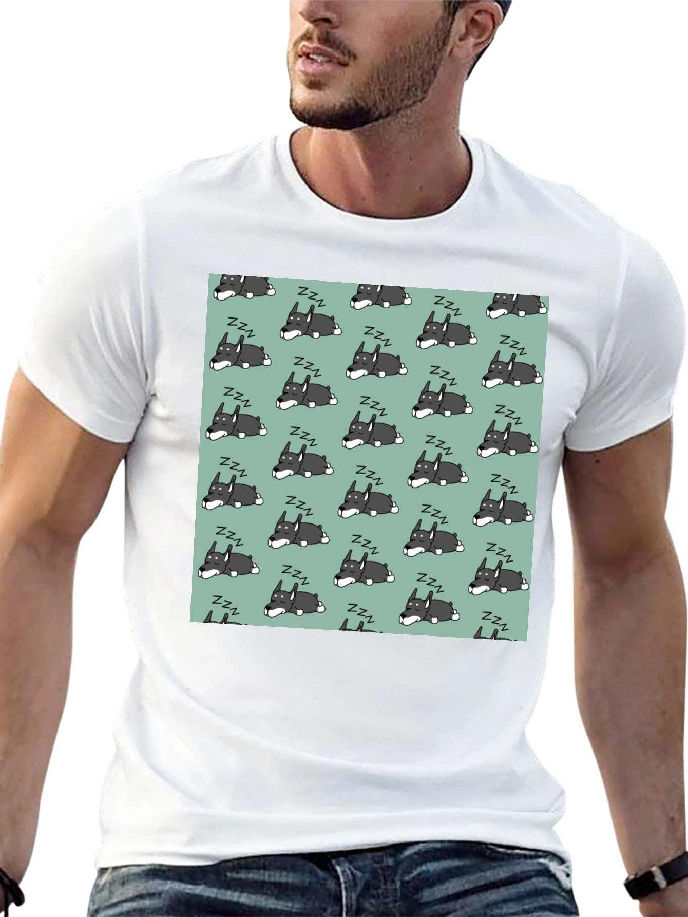 Sleeping Dog Pattern T-Shirt - Black