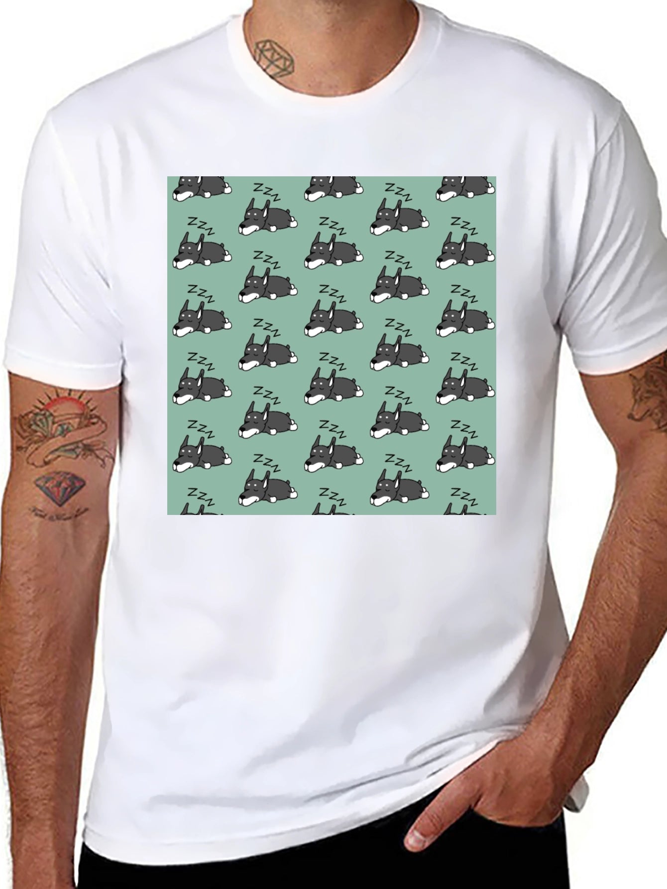 Sleeping Dog Pattern T-Shirt - Black
