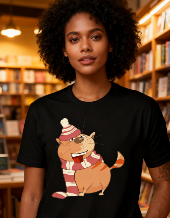 "Cozy Kitten" Winter-Themed Black Graphic Tee