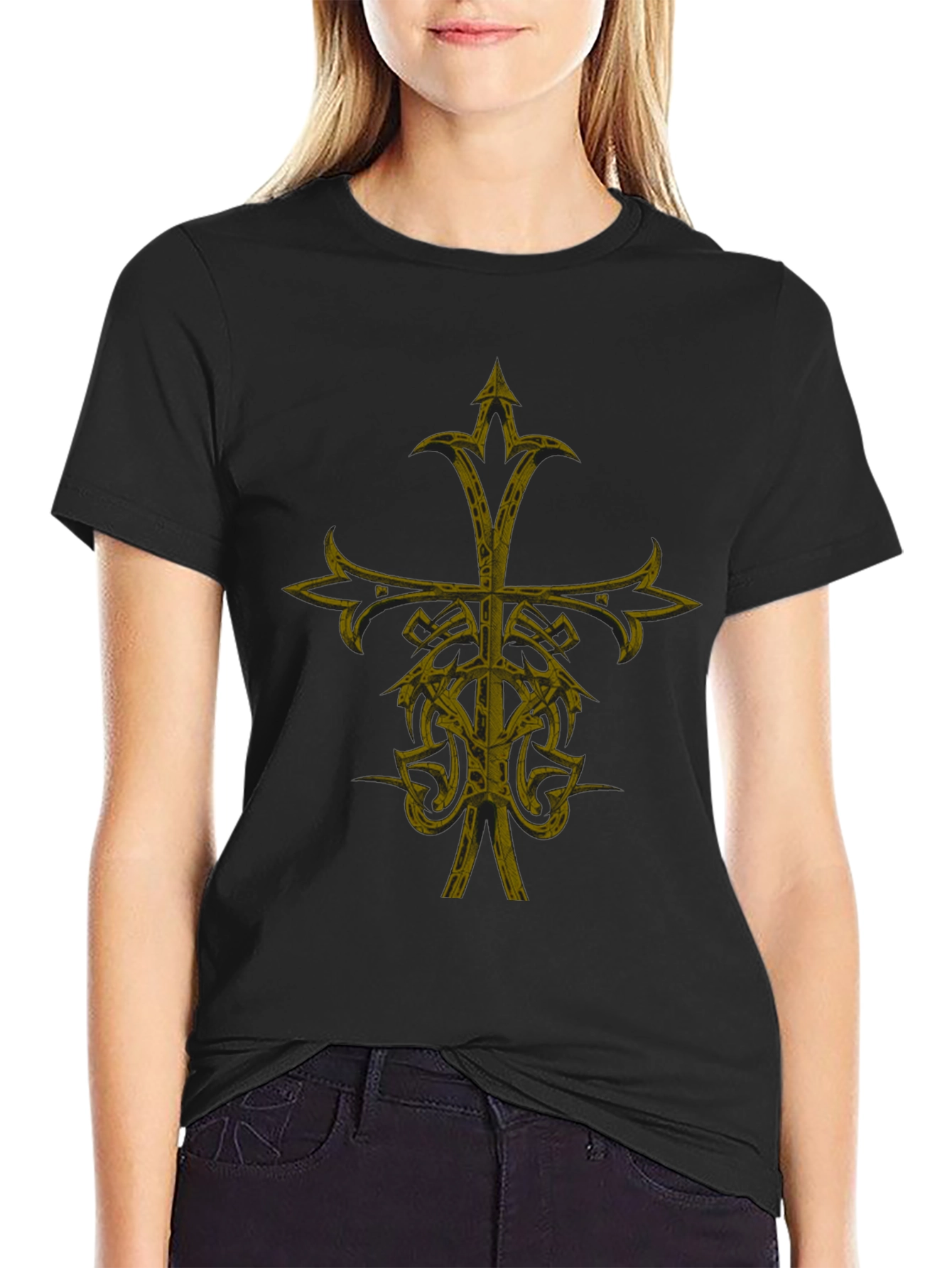 Gothic Cross Graphic Print Black T-Shirt