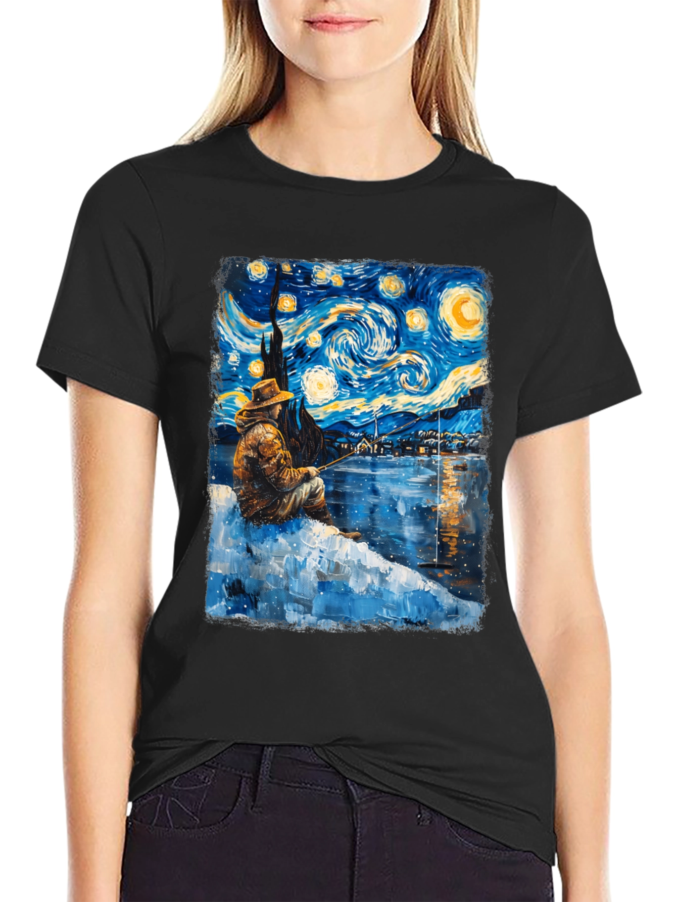 Starry Night Fisherman Graphic T-Shirt