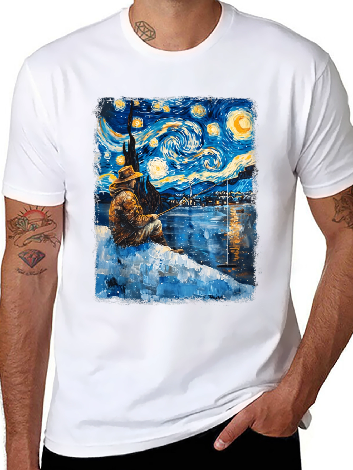 Starry Night Fisherman Graphic T-Shirt