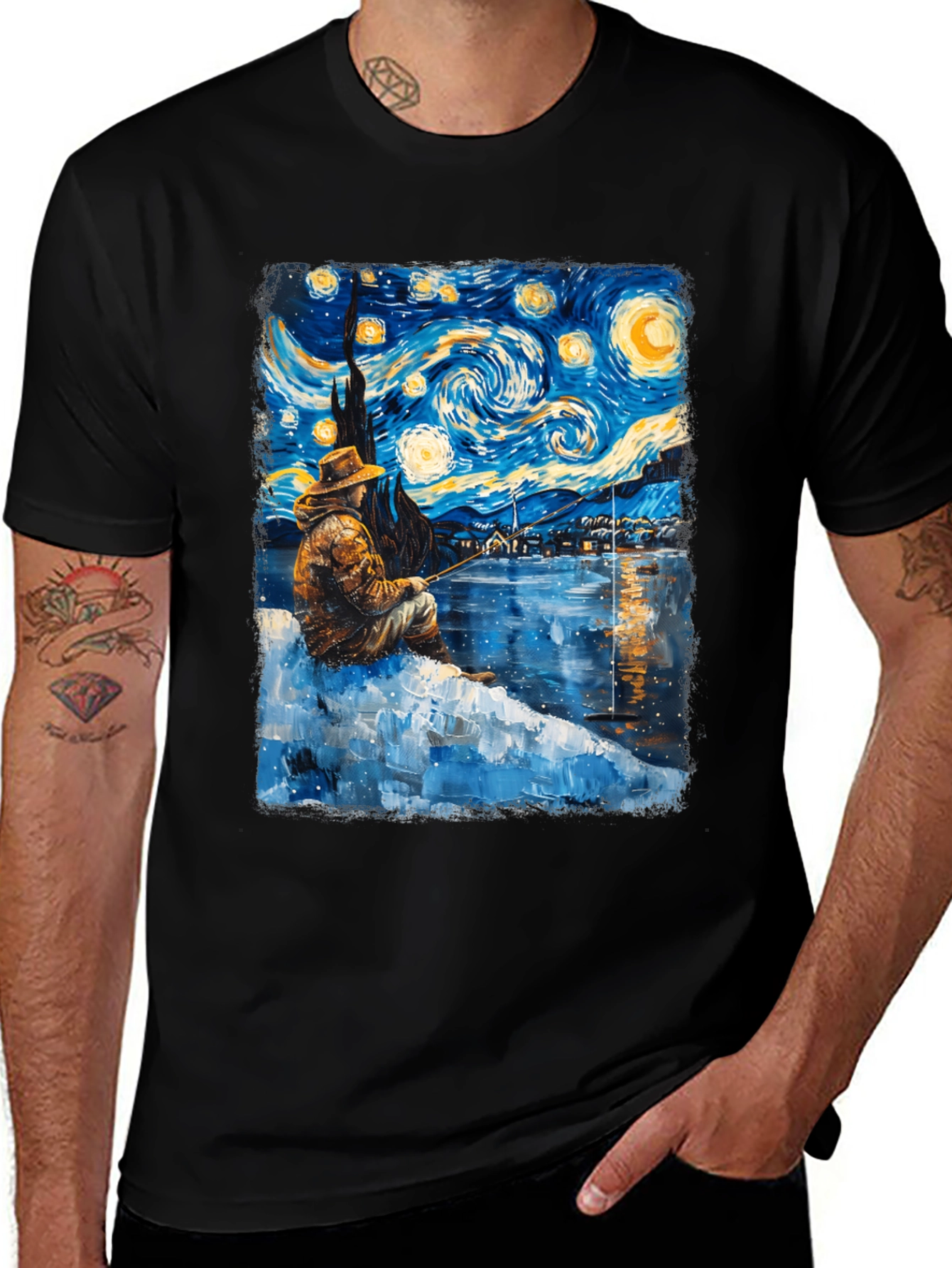 Starry Night Fisherman Graphic T-Shirt