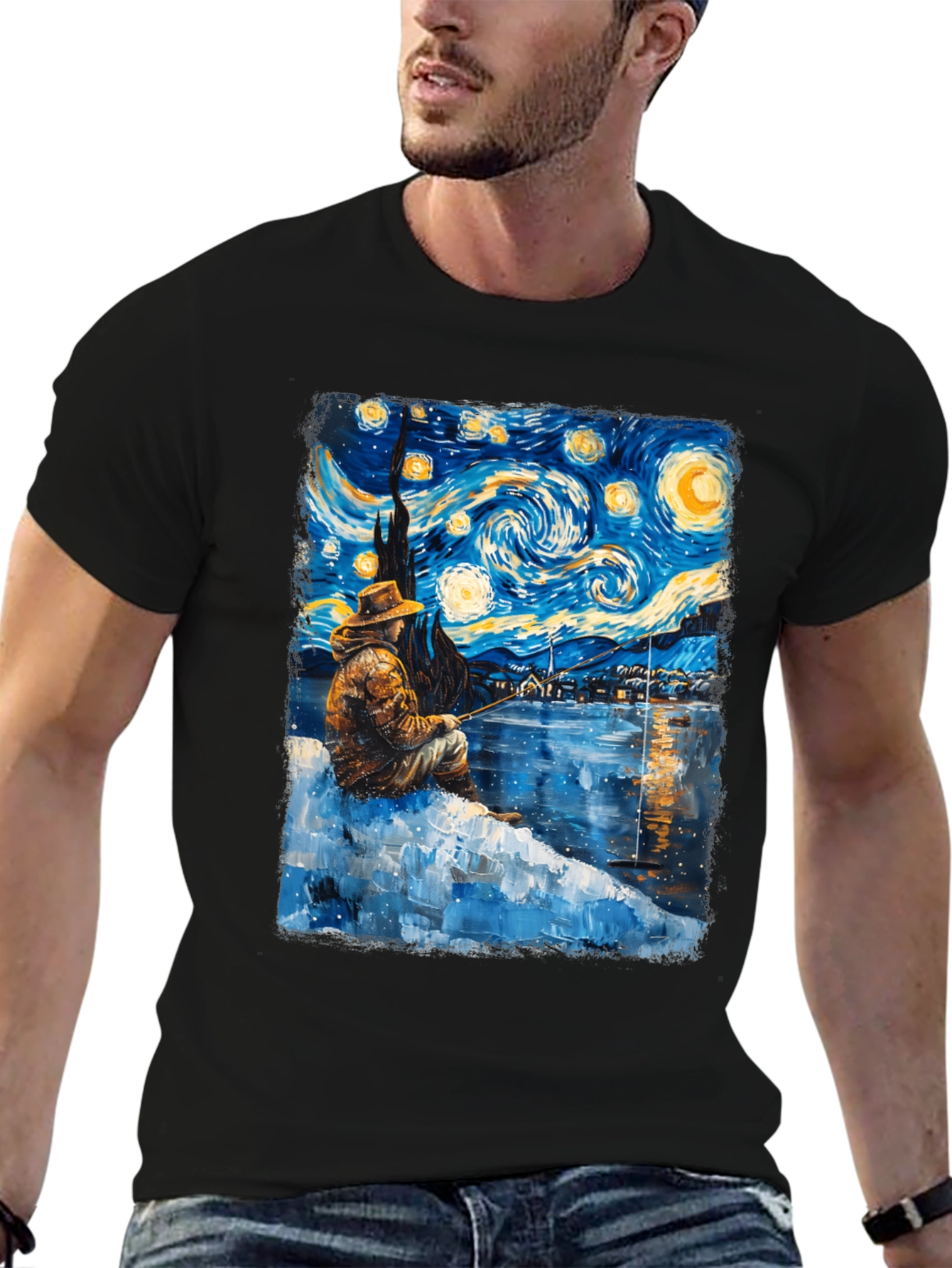 Starry Night Fisherman Graphic T-Shirt