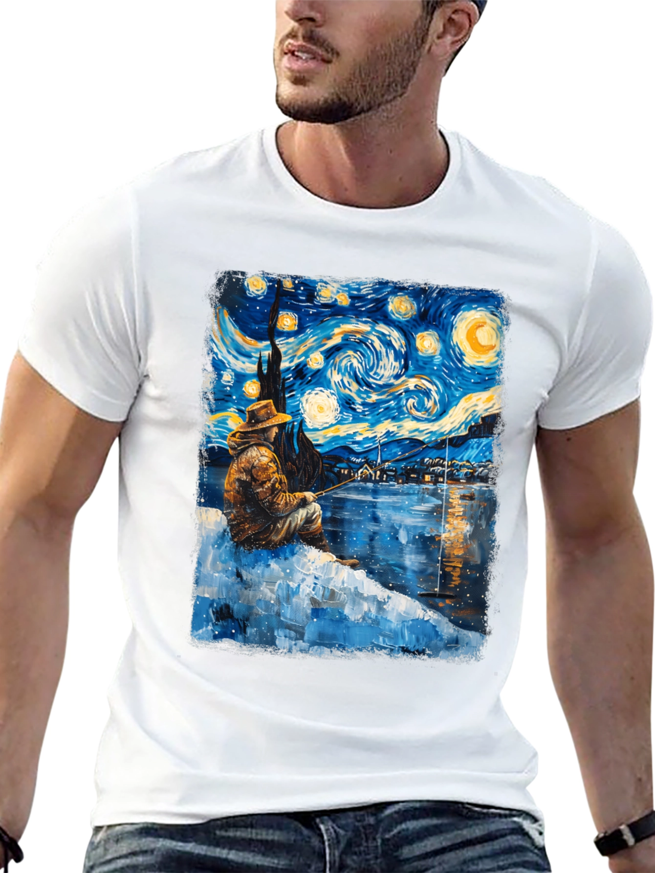 Starry Night Fisherman Graphic T-Shirt
