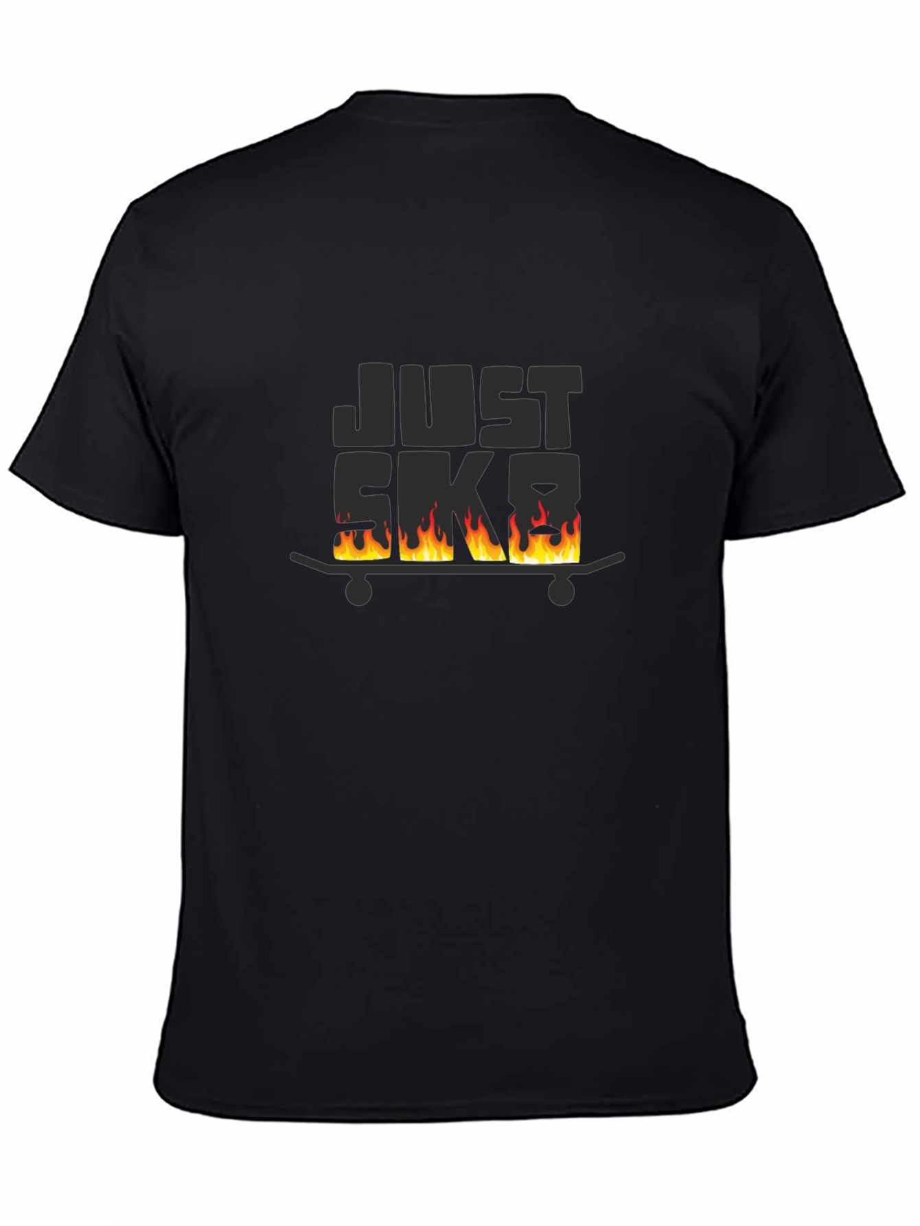 Just Skate Black T-Shirt with Burning Skateboard Design