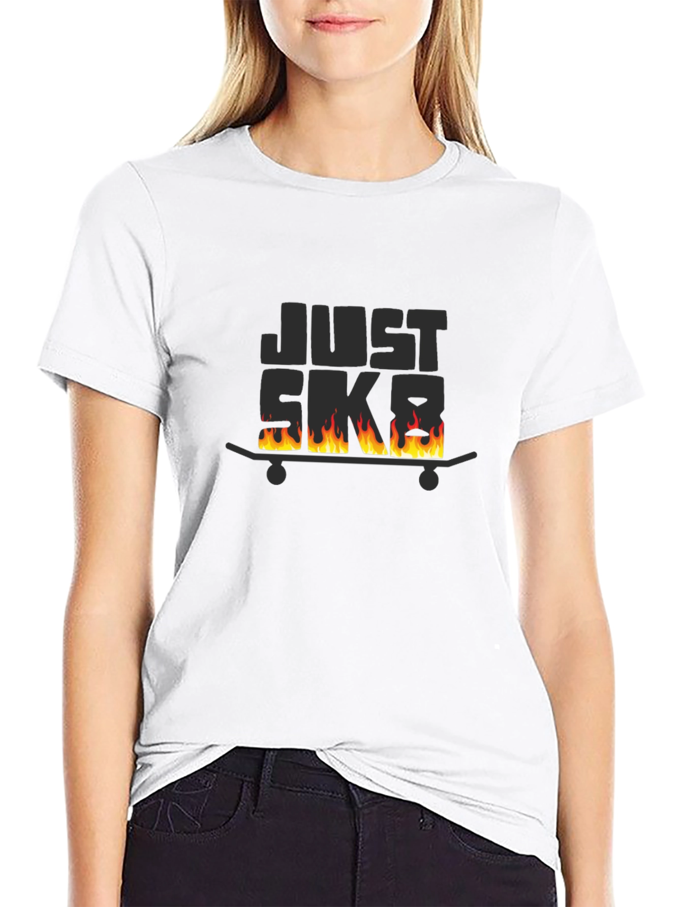 Just Skate Black T-Shirt with Burning Skateboard Design