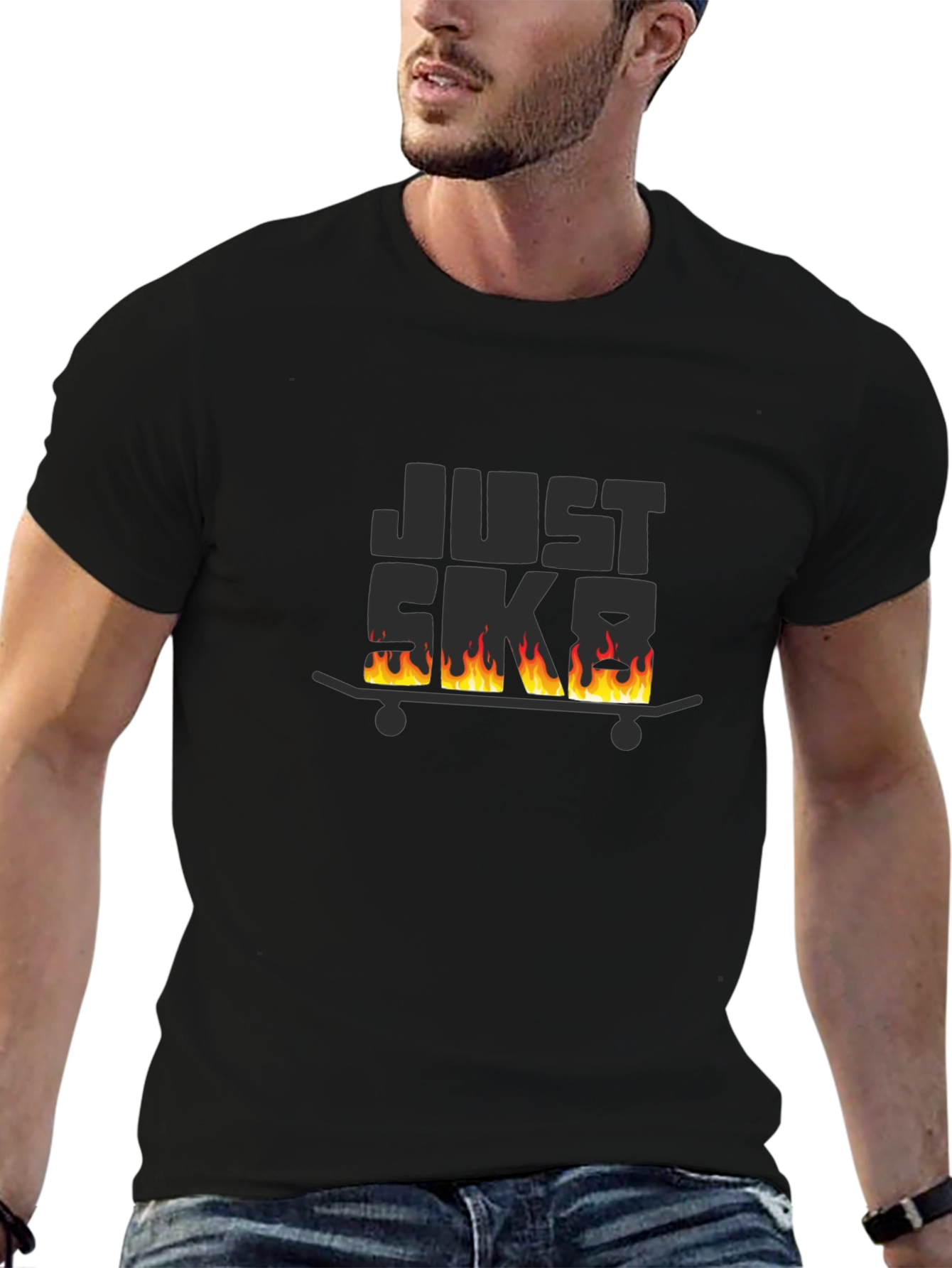 Just Skate Black T-Shirt with Burning Skateboard Design