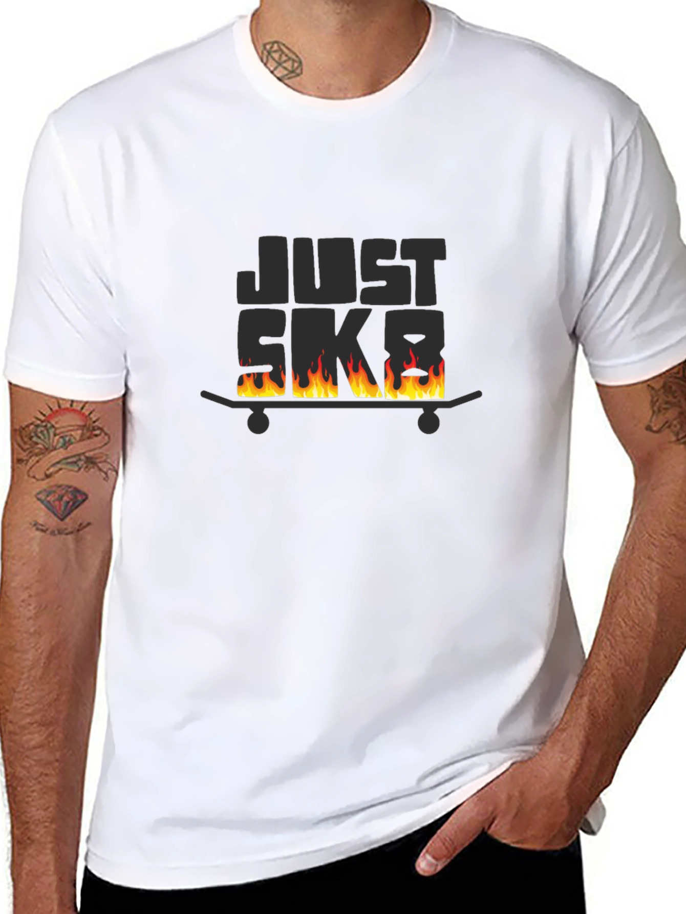 Just Skate Black T-Shirt with Burning Skateboard Design