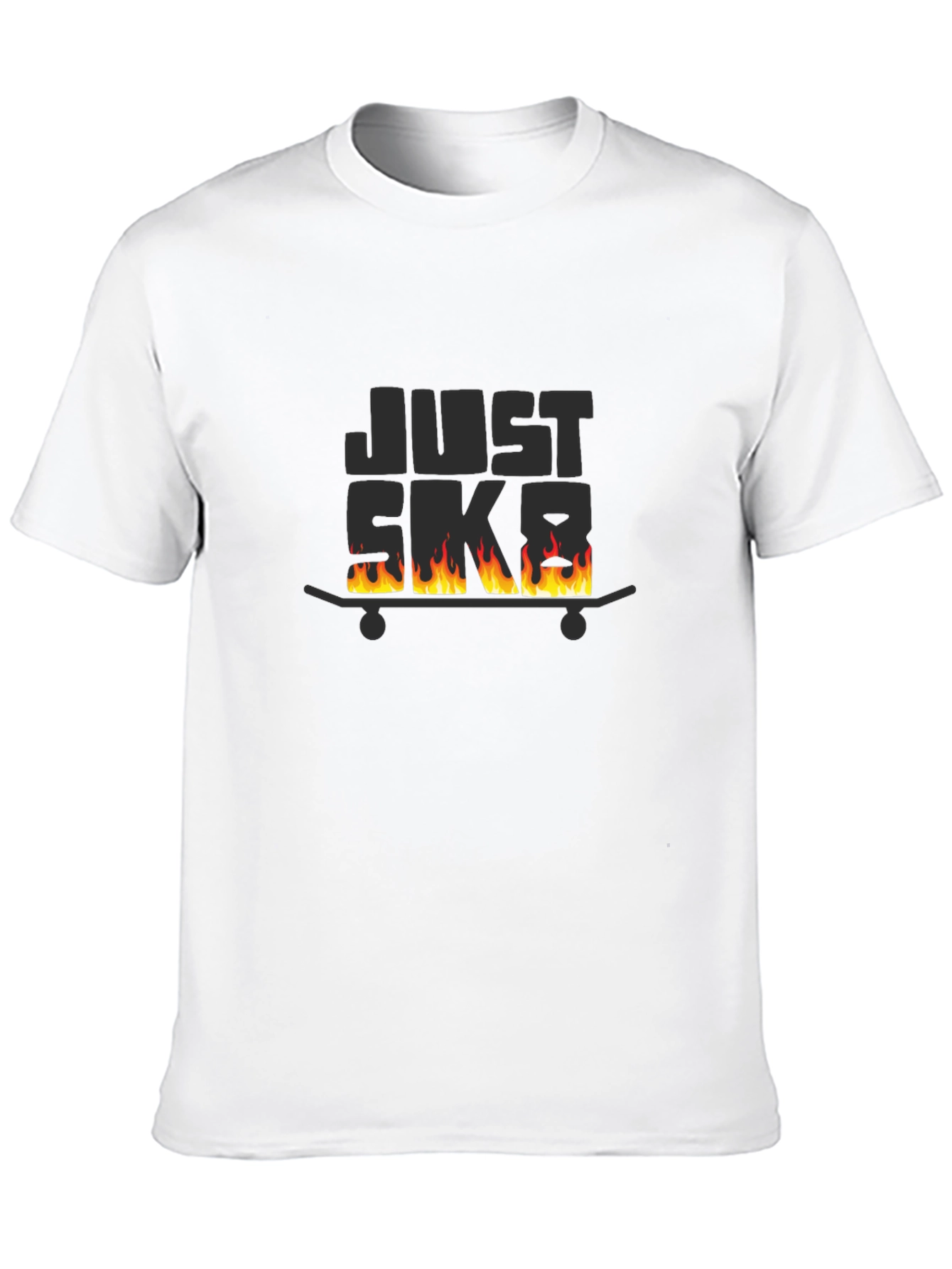 Just Skate Black T-Shirt with Burning Skateboard Design