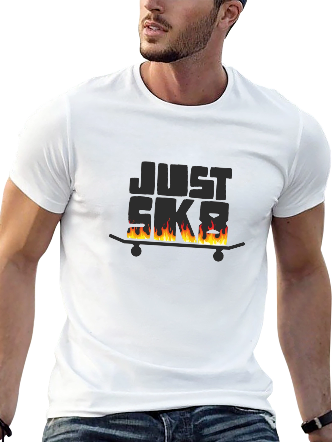 Just Skate Black T-Shirt with Burning Skateboard Design