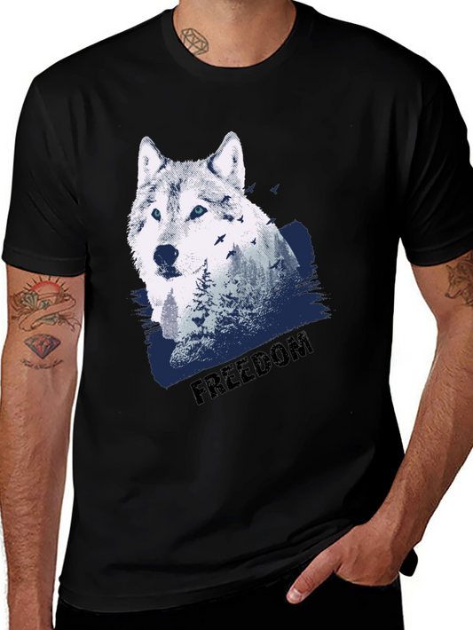 Mens Black Wolf Graphic T-Shirt - Freedom Design