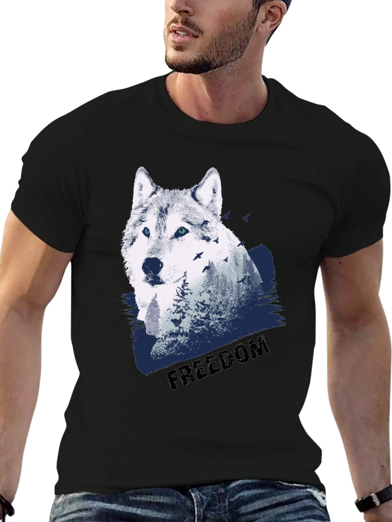 Mens Black Wolf Graphic T-Shirt - Freedom Design