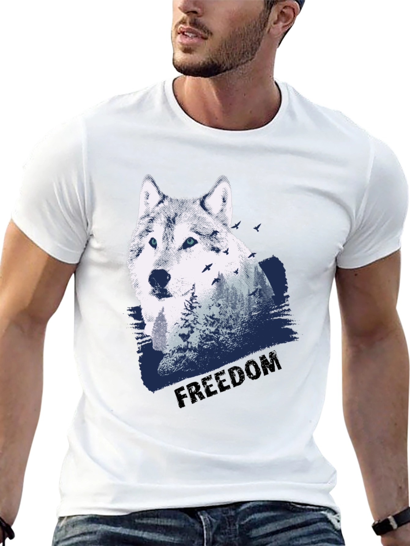 Mens Black Wolf Graphic T-Shirt - Freedom Design