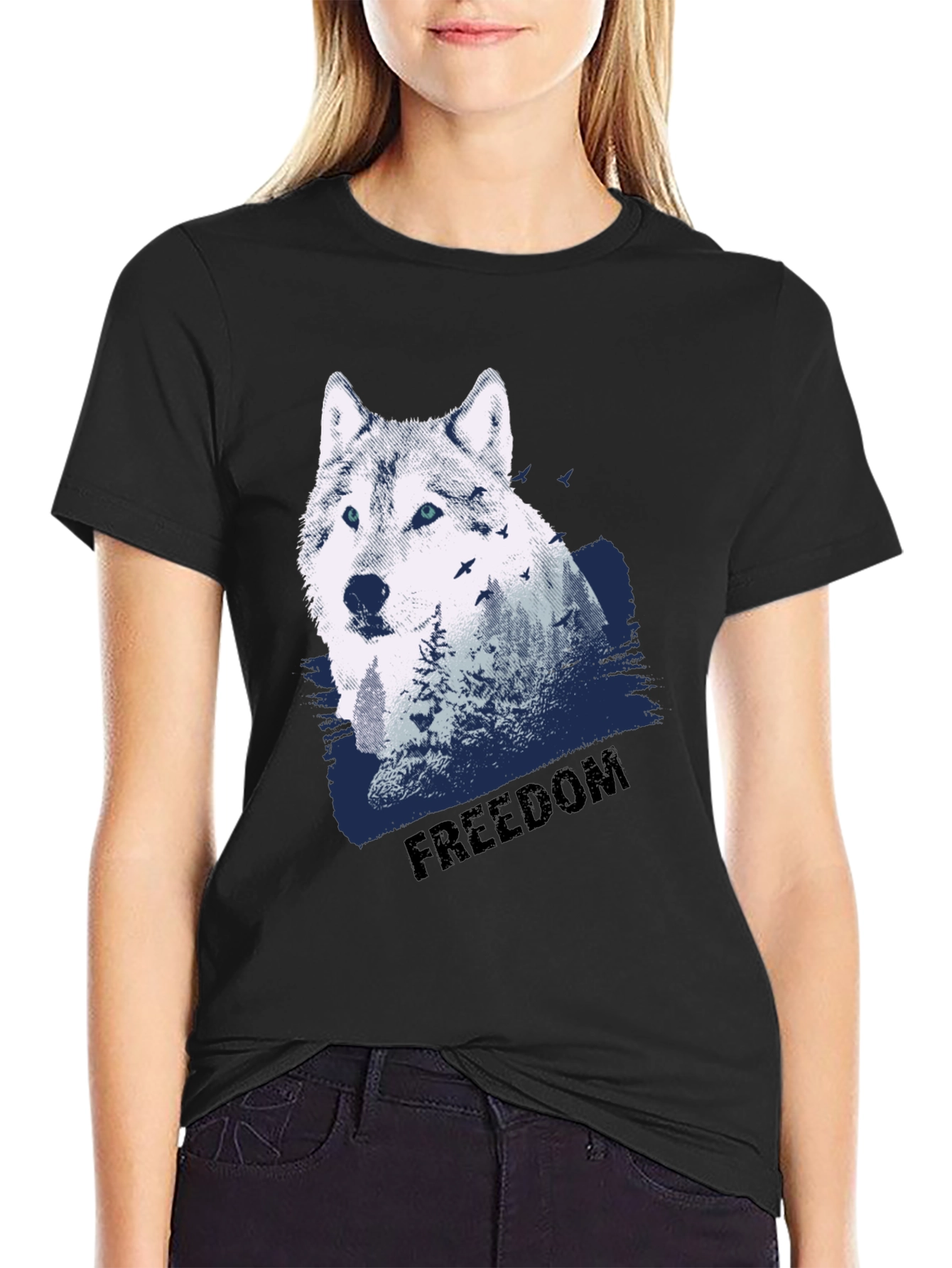 Mens Black Wolf Graphic T-Shirt - Freedom Design
