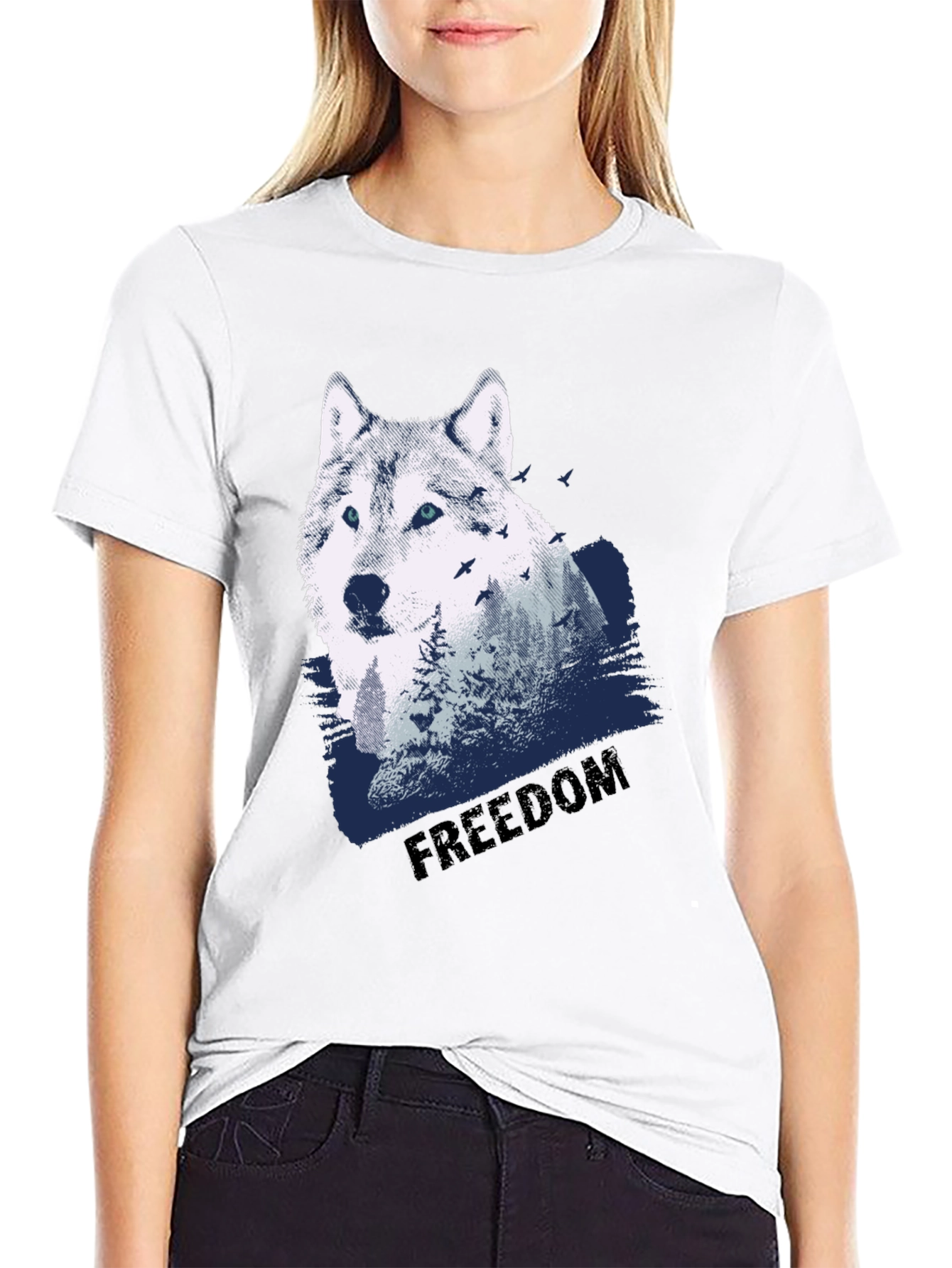 Mens Black Wolf Graphic T-Shirt - Freedom Design