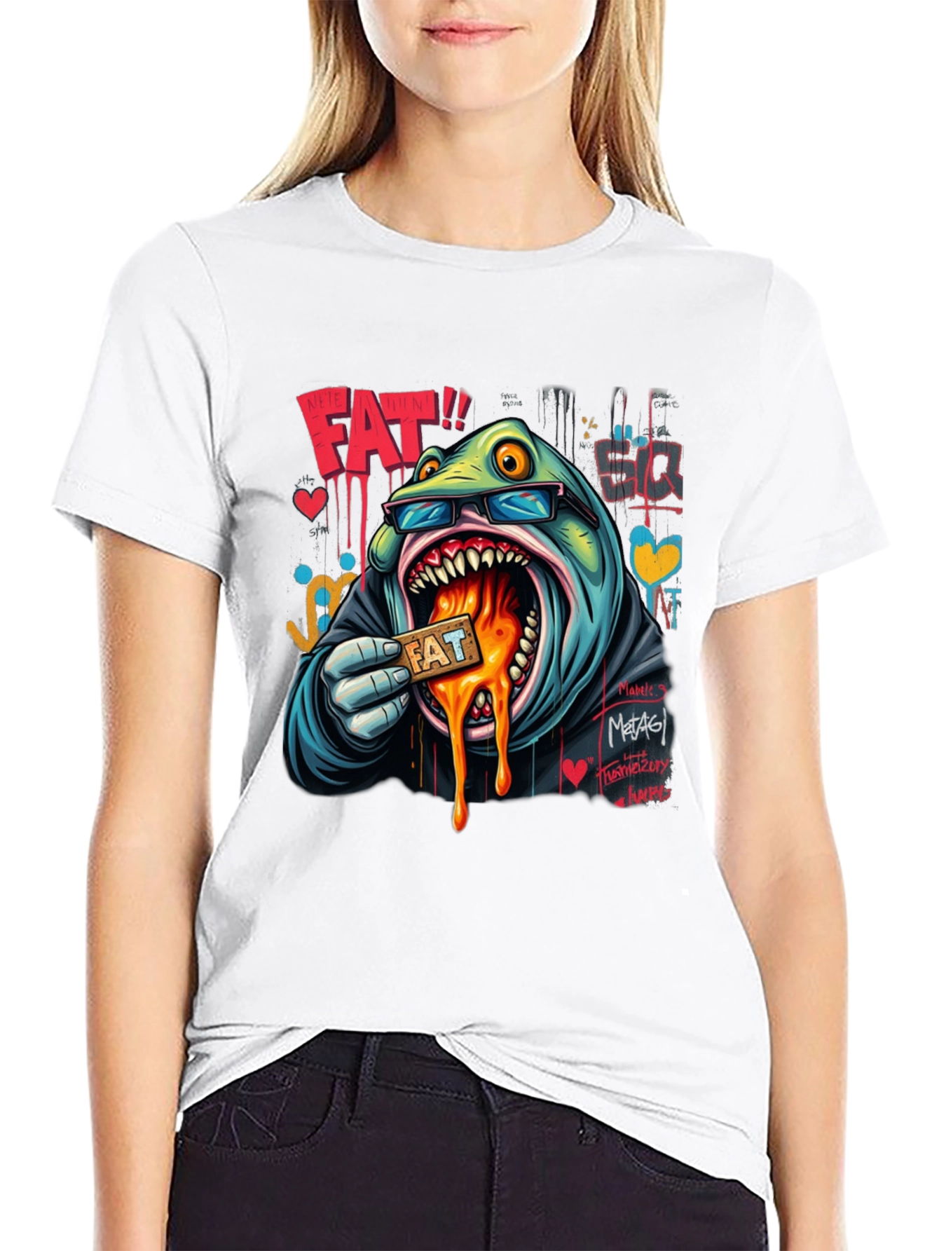 Cartoon FAT Graphic Print Crew Neck T-Shirt