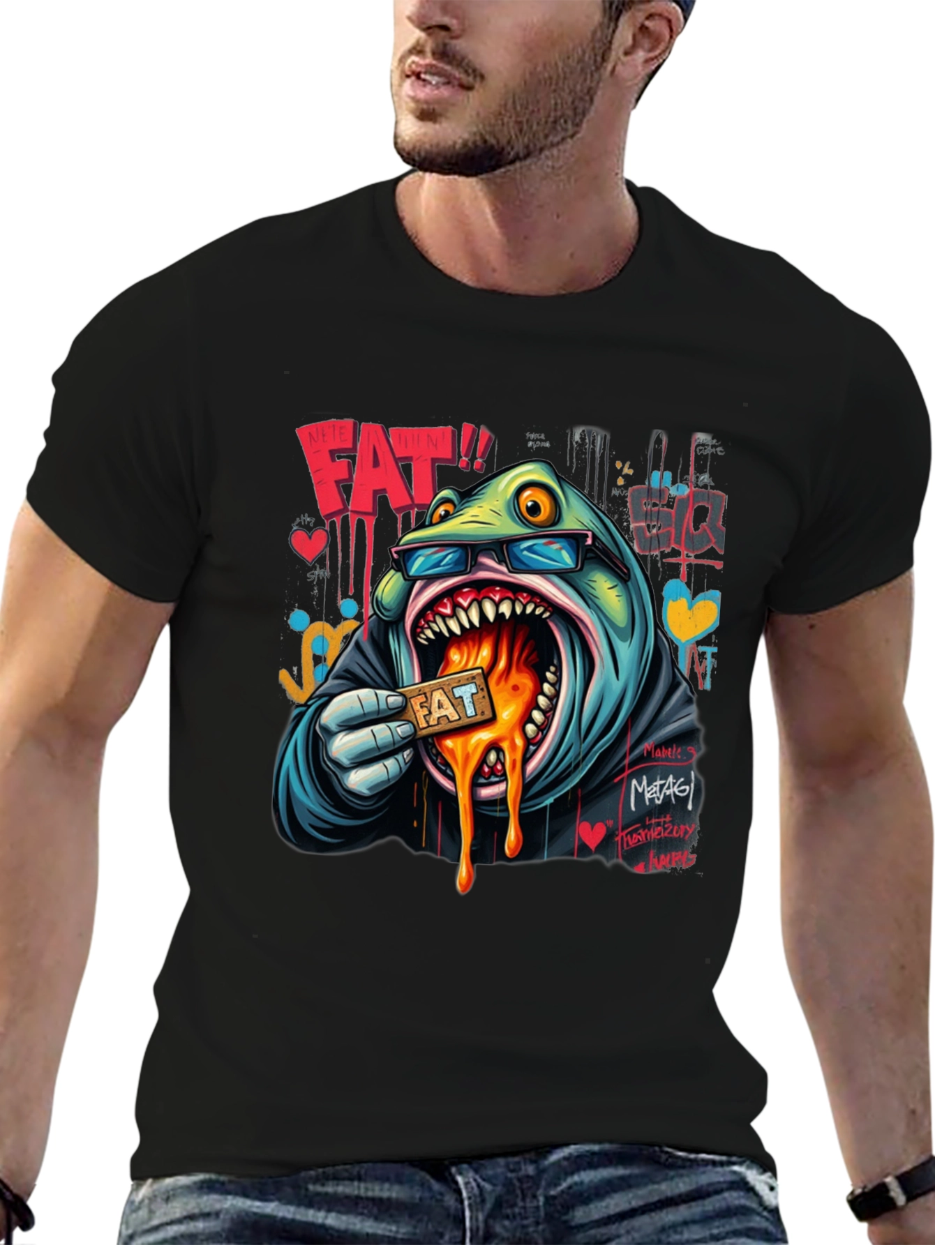 Cartoon FAT Graphic Print Crew Neck T-Shirt