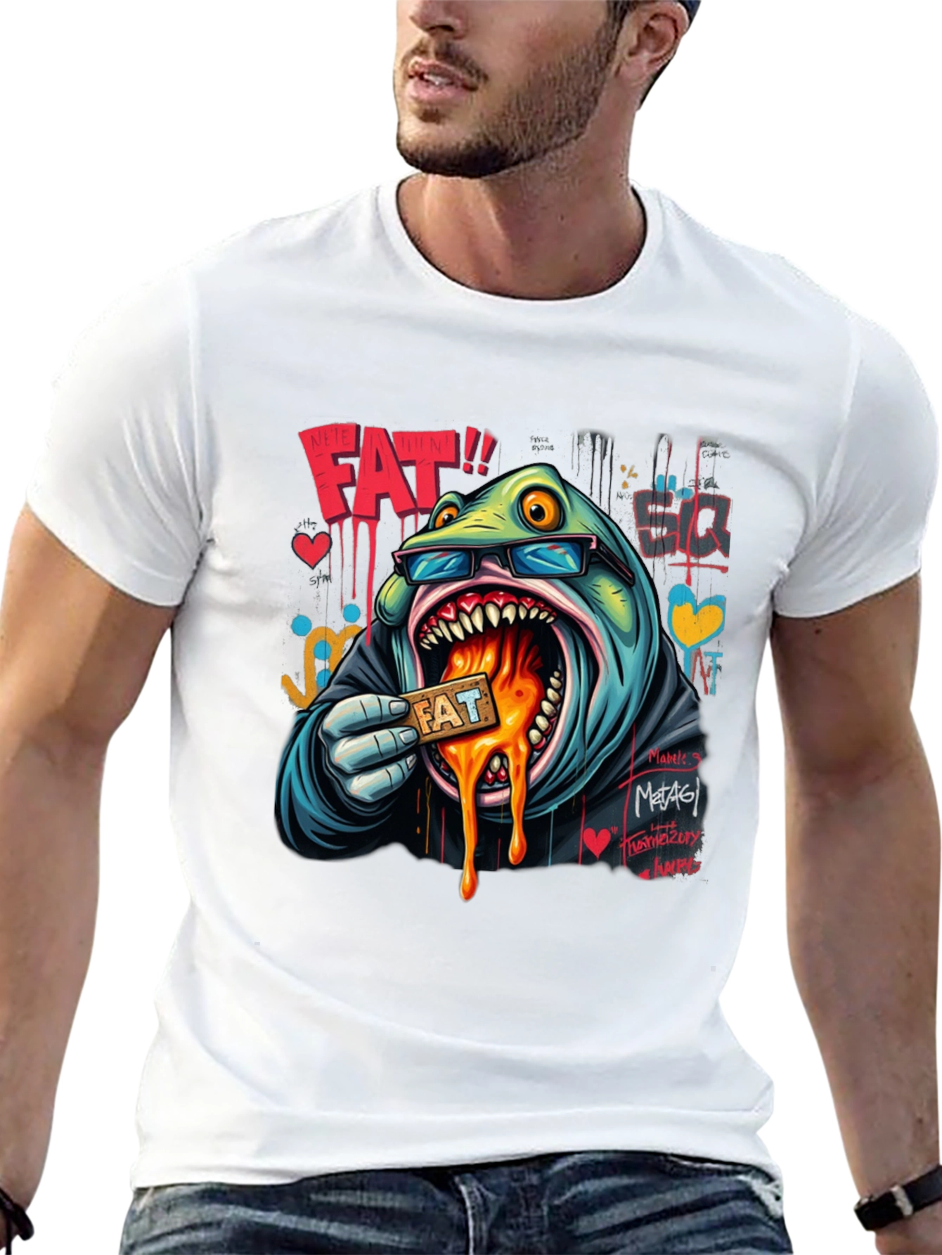 Cartoon FAT Graphic Print Crew Neck T-Shirt