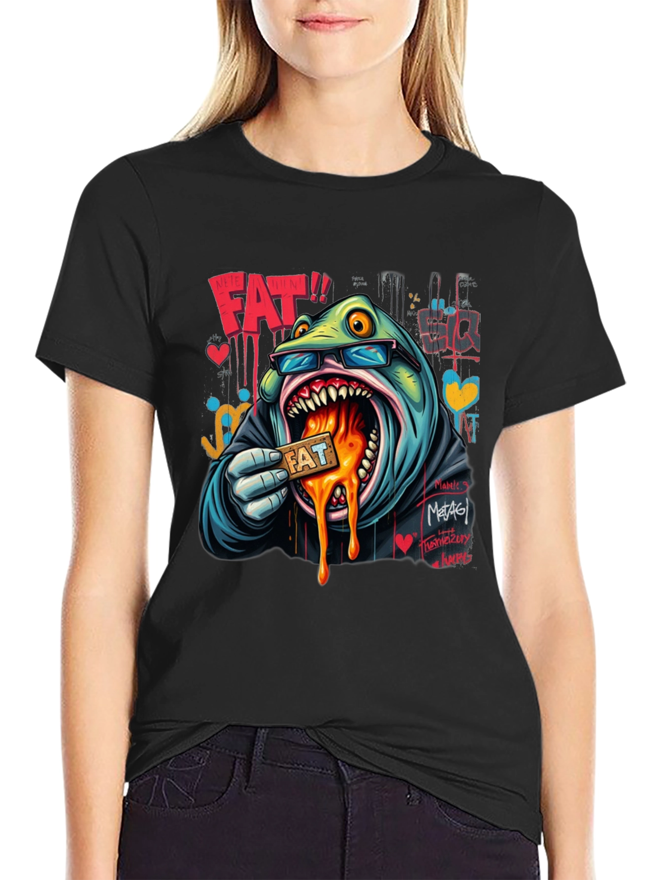 Cartoon FAT Graphic Print Crew Neck T-Shirt