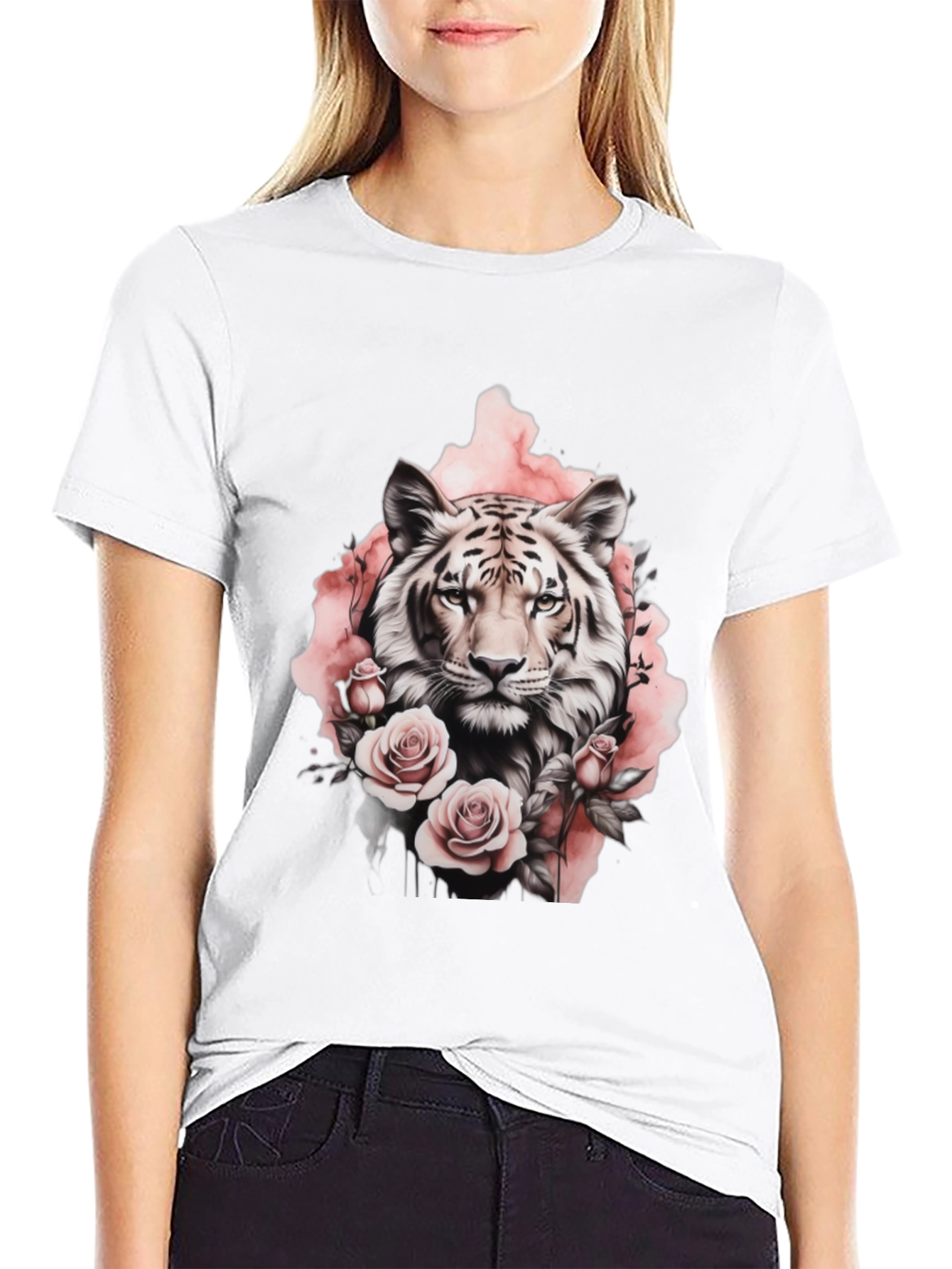 Floral Tiger Graphic Tee - Stylish Black T-Shirt