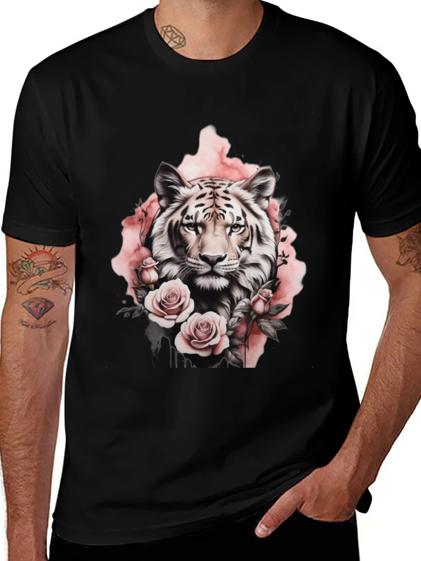 Floral Tiger Graphic Tee - Stylish Black T-Shirt