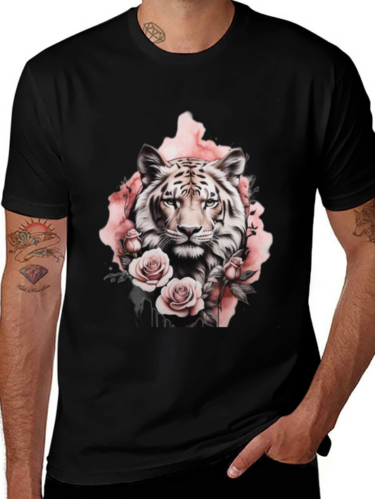 Floral Tiger Graphic Tee - Stylish Black T-Shirt