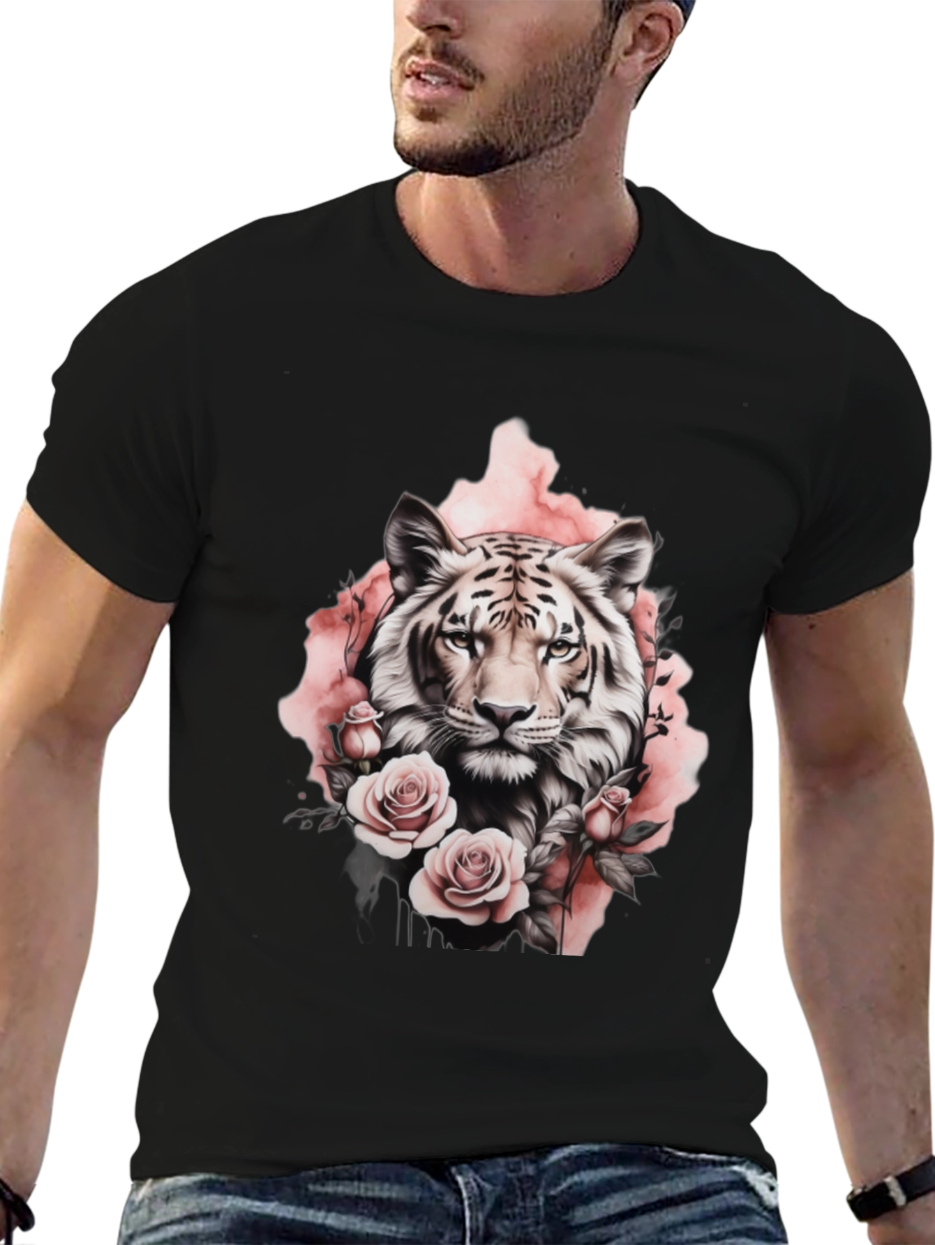 Floral Tiger Graphic Tee - Stylish Black T-Shirt