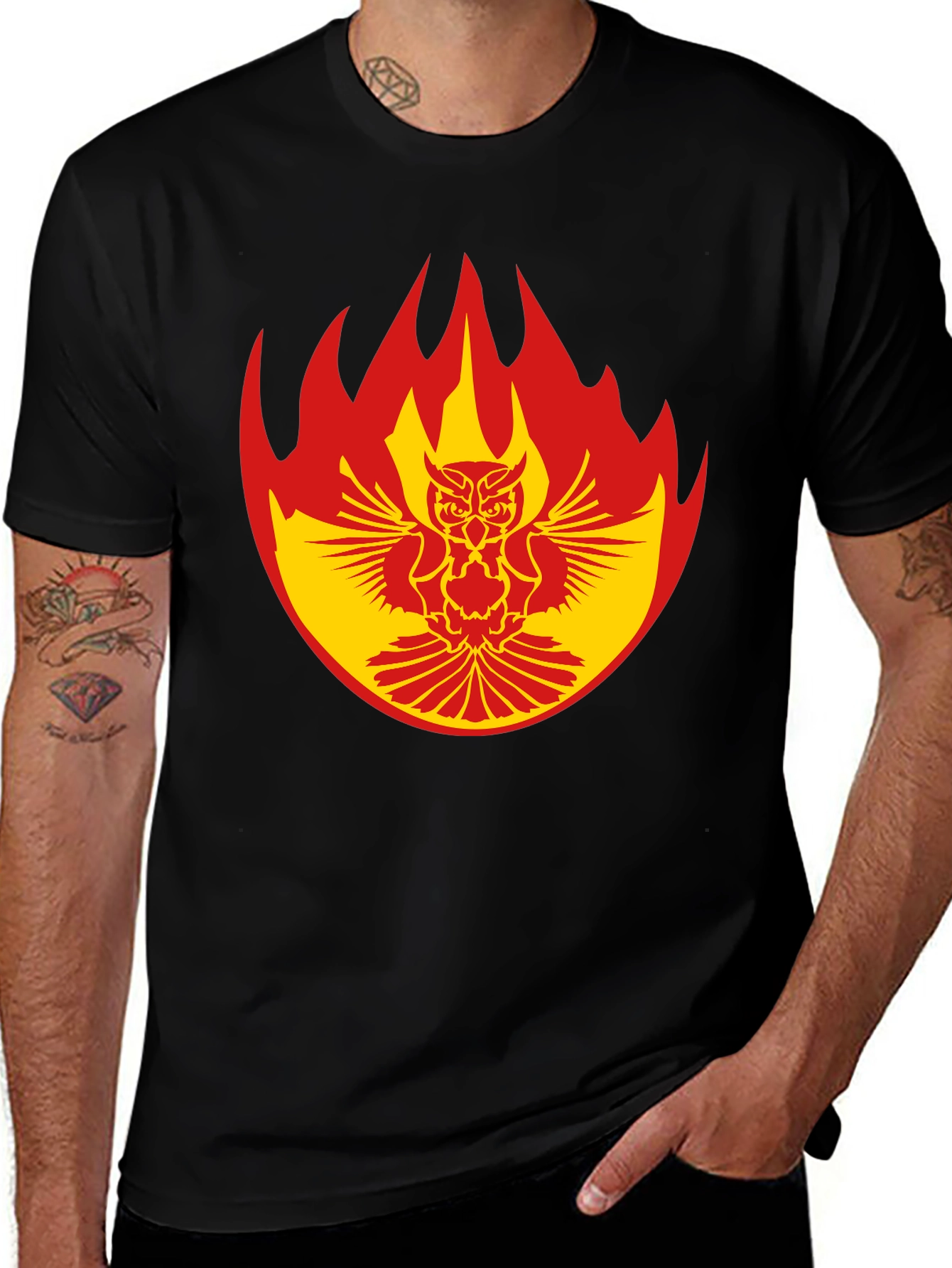 Fiery Owl Graphic Tee - Bold Black Cotton T-Shirt