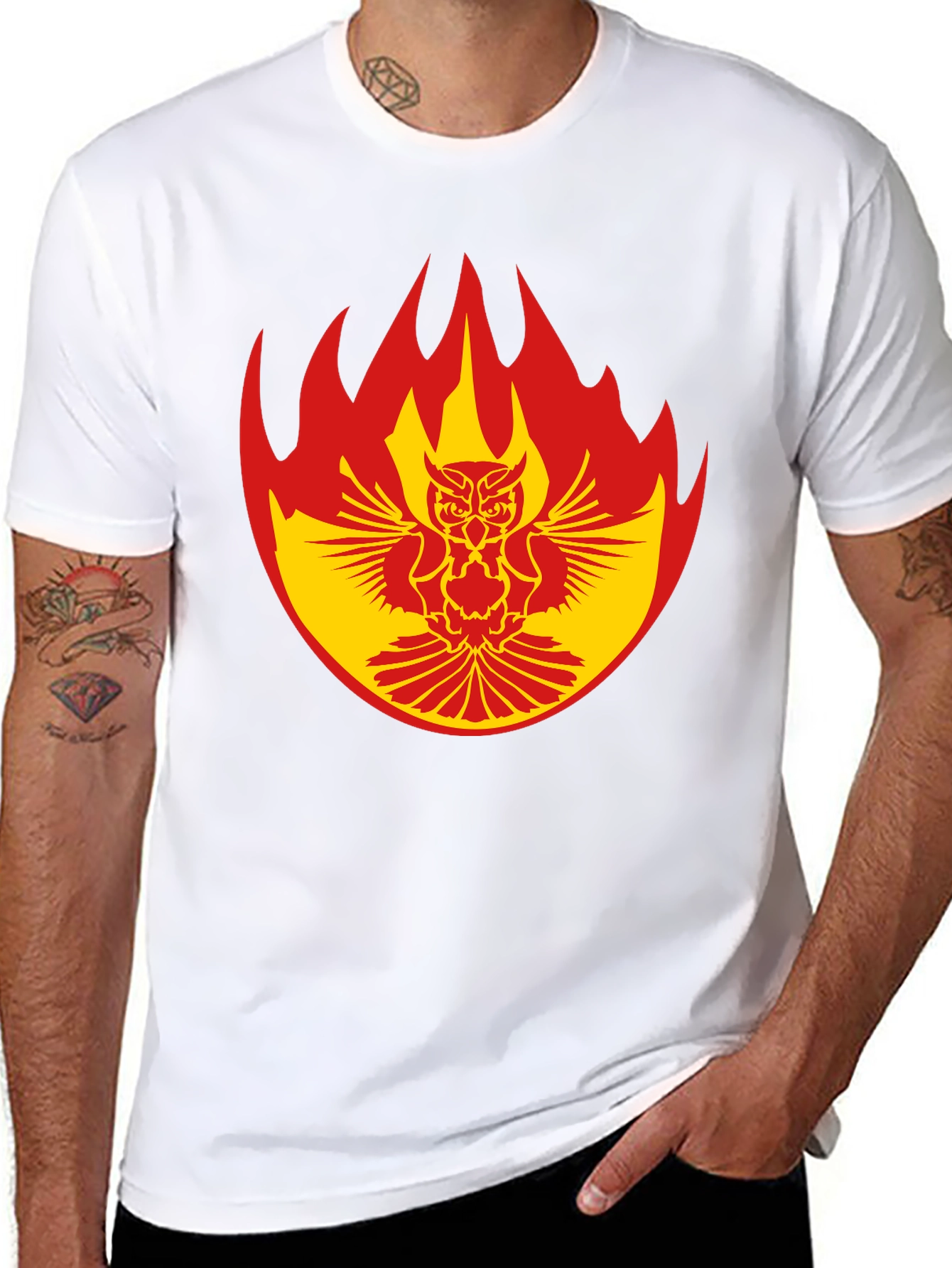 Fiery Owl Graphic Tee - Bold Black Cotton T-Shirt
