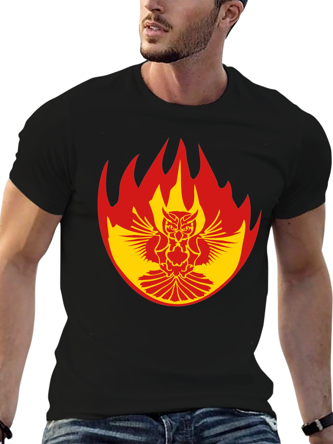 Fiery Owl Graphic Tee - Bold Black Cotton T-Shirt