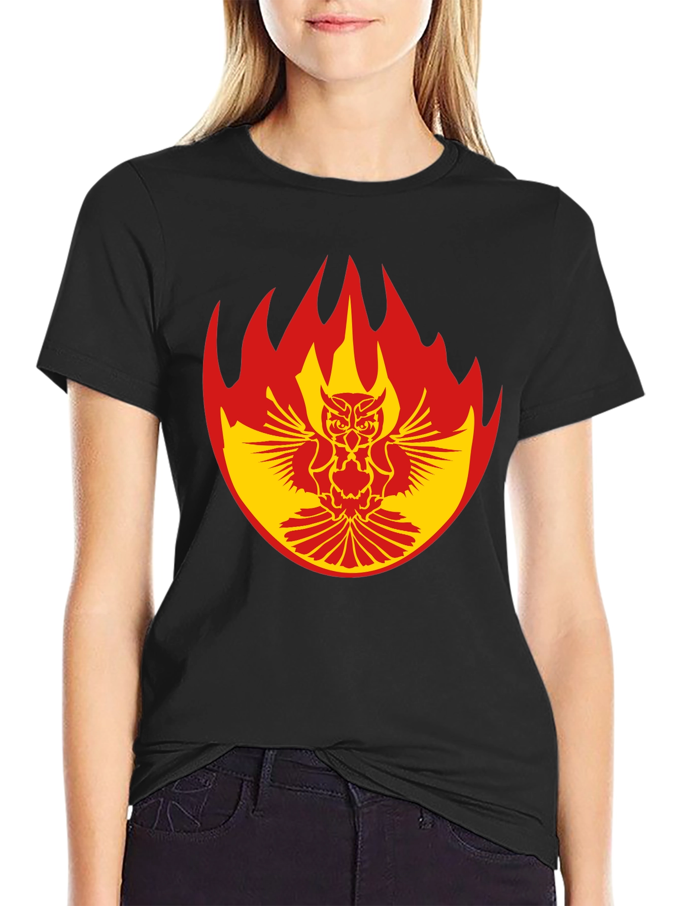 Fiery Owl Graphic Tee - Bold Black Cotton T-Shirt