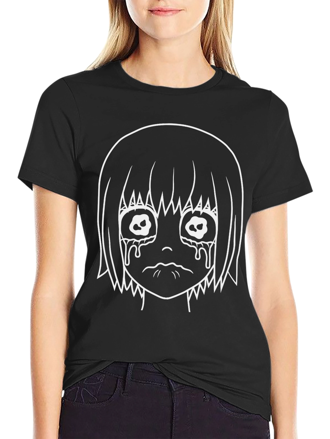 Crying Anime Girl Graphic Black T-Shirt