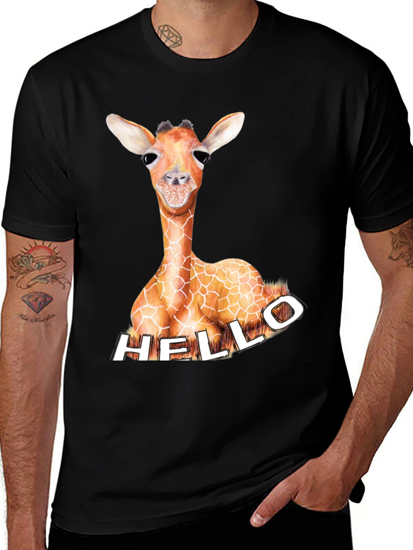 Giraffe Hello Graphic Tee - Unique Animal Print Shirt