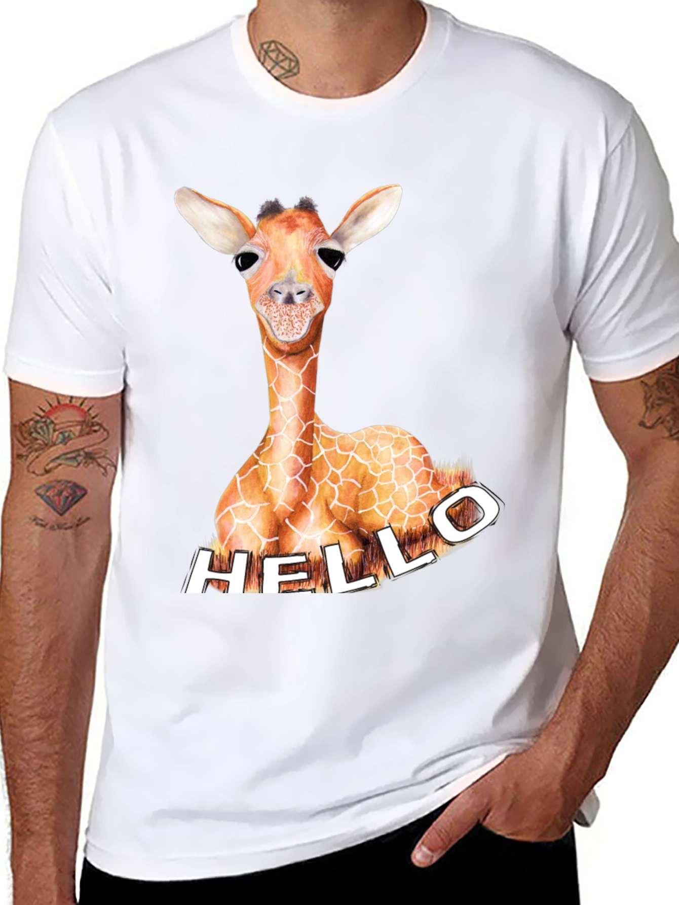 Giraffe Hello Graphic Tee - Unique Animal Print Shirt