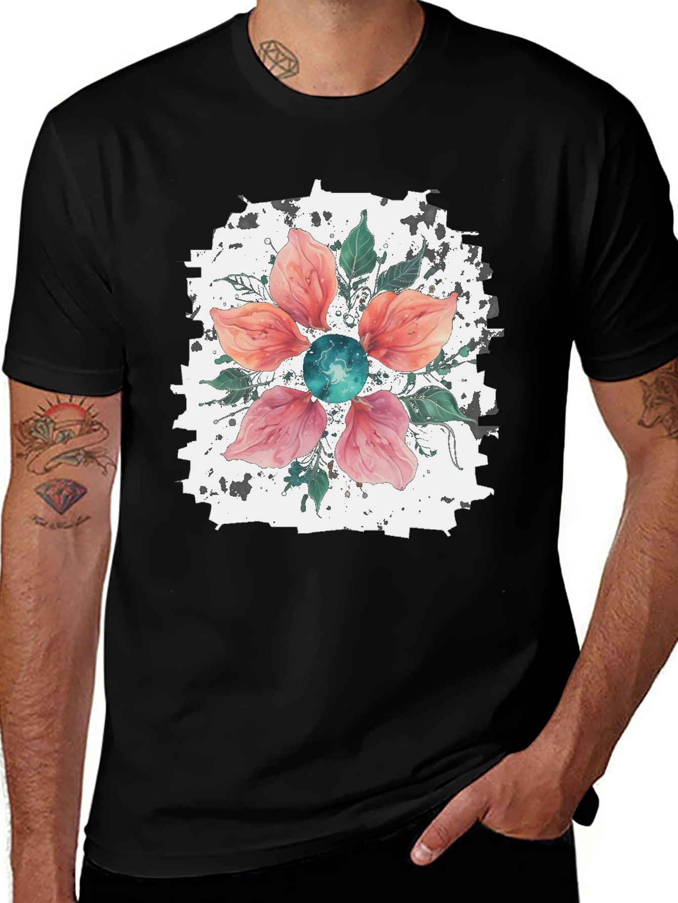 Floral Blossom Mens Black T-Shirt