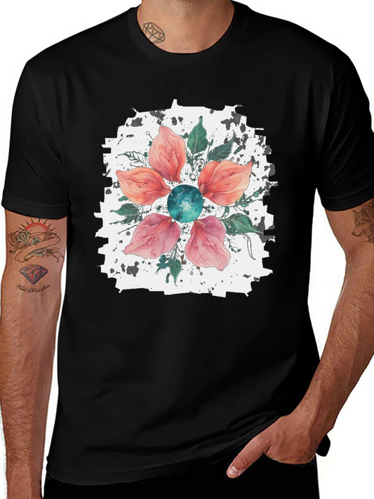 Floral Blossom Mens Black T-Shirt