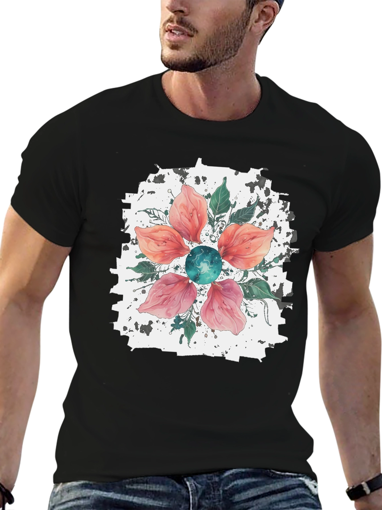 Floral Blossom Mens Black T-Shirt