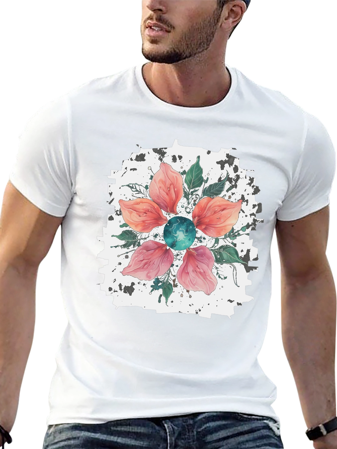 Floral Blossom Mens Black T-Shirt