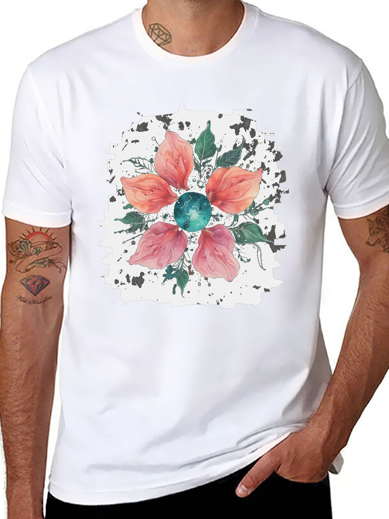 Floral Blossom Mens Black T-Shirt