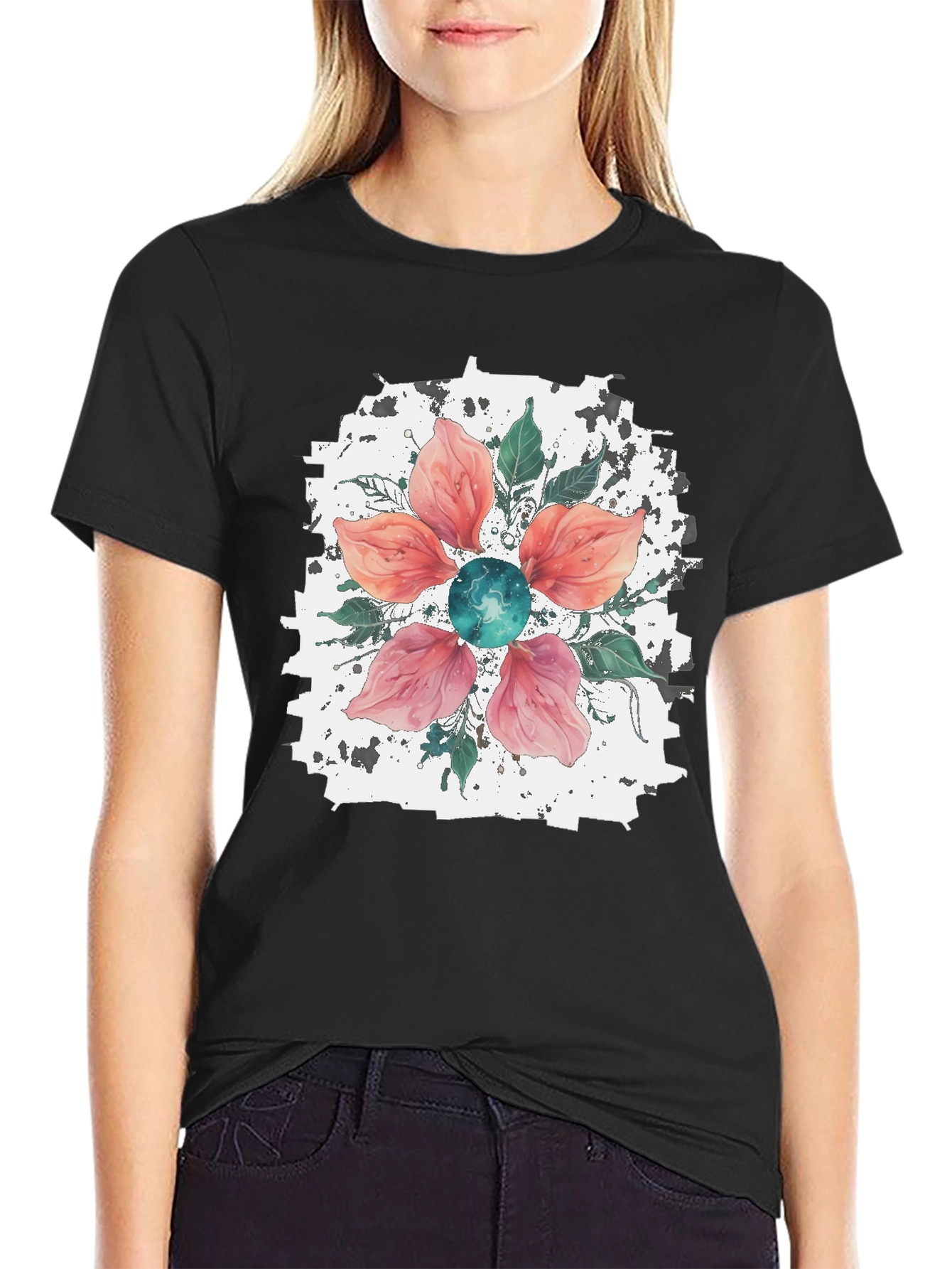 Floral Blossom Mens Black T-Shirt