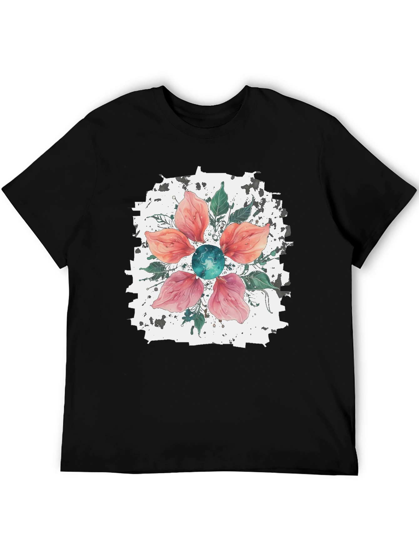 Floral Blossom Mens Black T-Shirt