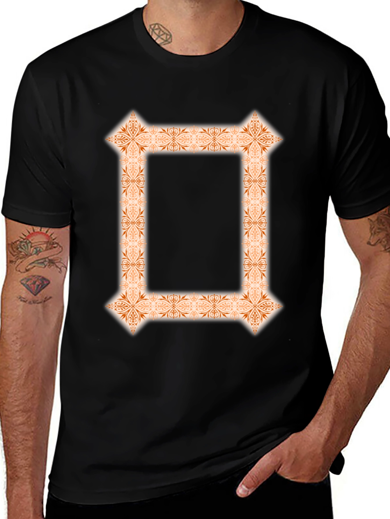 Ornate Border Graphic Print Black T-Shirt