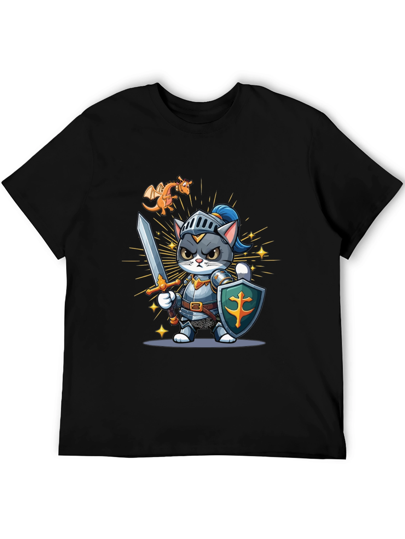 Cat Knight T-Shirt: Cartoon Medieval Warrior Tee