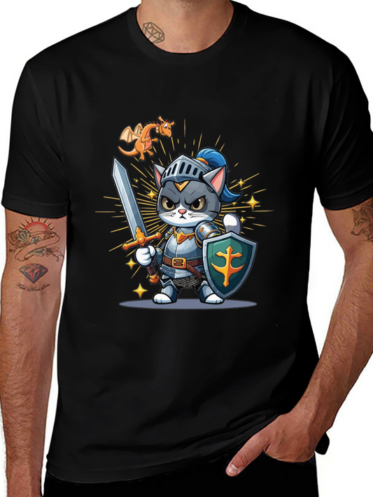 Cat Knight T-Shirt: Cartoon Medieval Warrior Tee