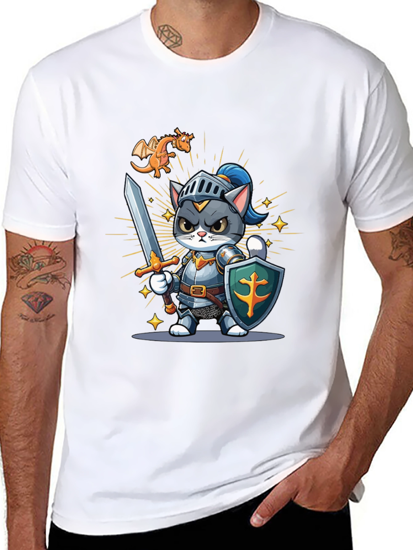 Cat Knight T-Shirt: Cartoon Medieval Warrior Tee