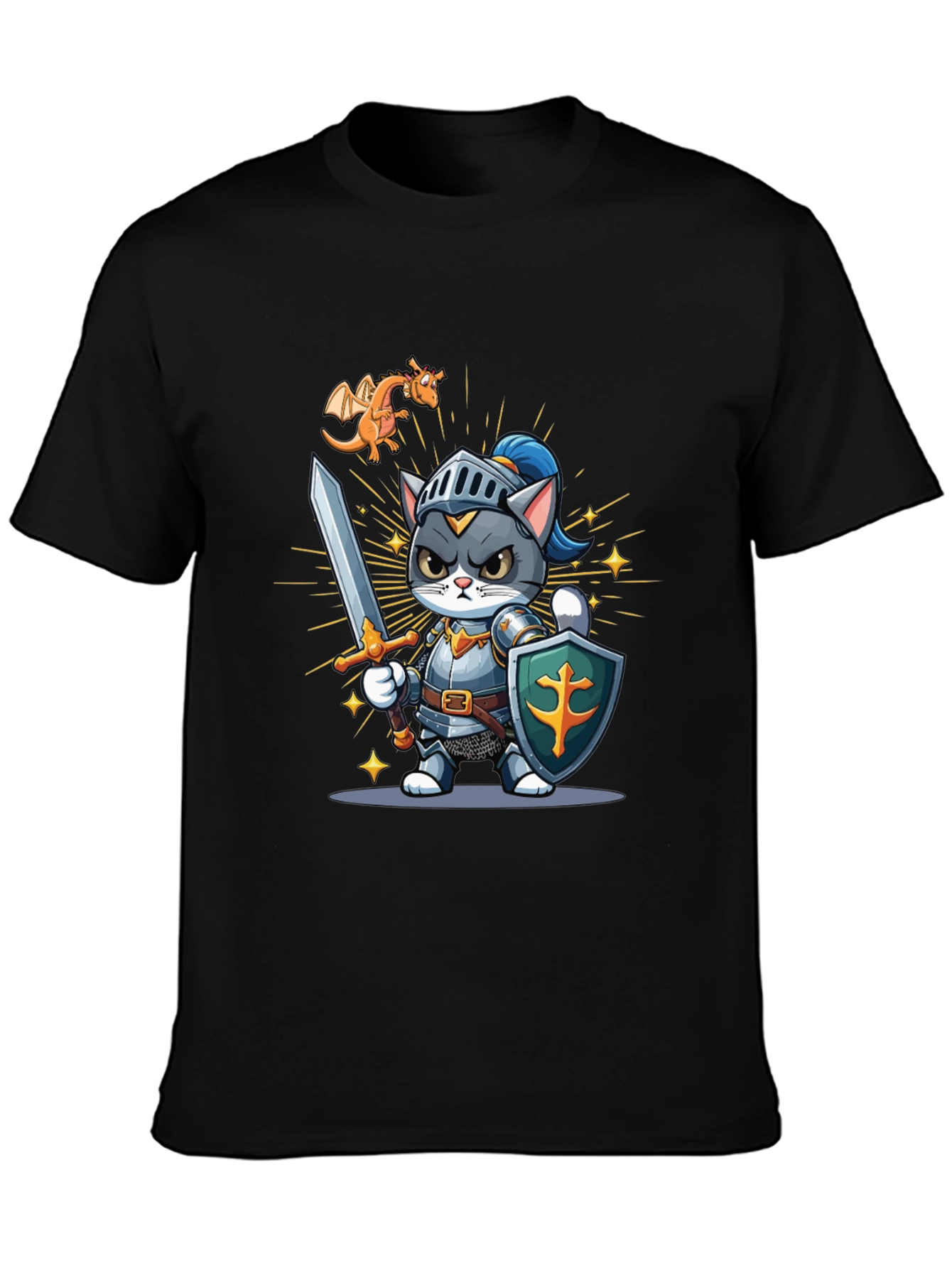 Cat Knight T-Shirt: Cartoon Medieval Warrior Tee