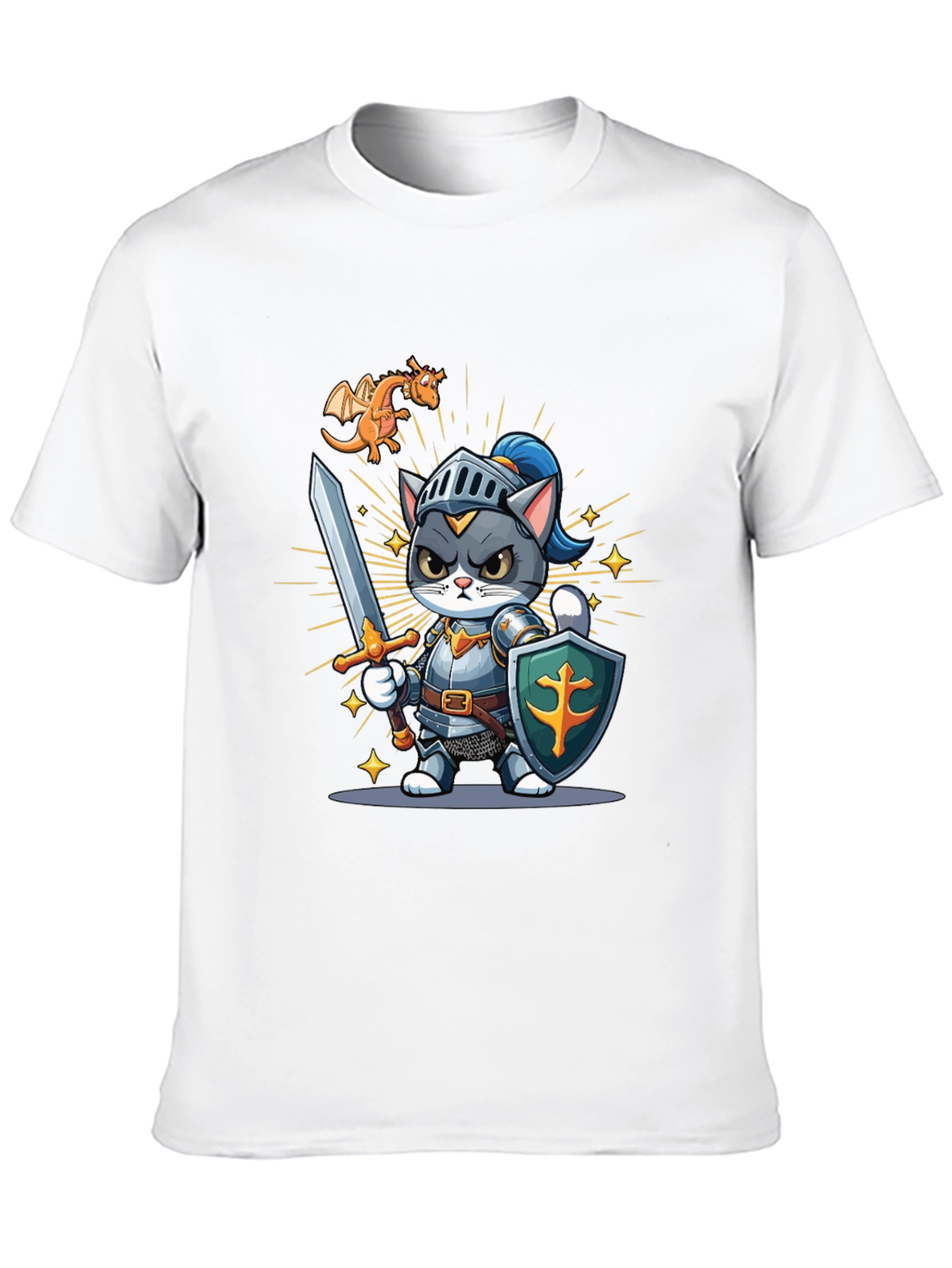 Cat Knight T-Shirt: Cartoon Medieval Warrior Tee